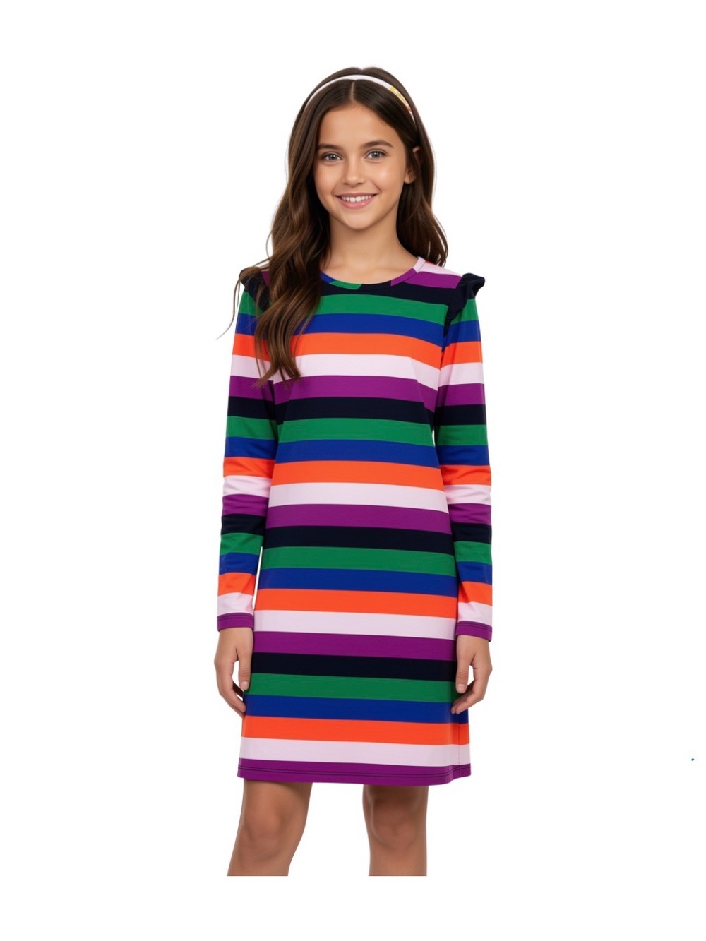 NWT!  Hanna Anderson Girls Long Sleeve Rainbow Stripe Dress - Multicolor